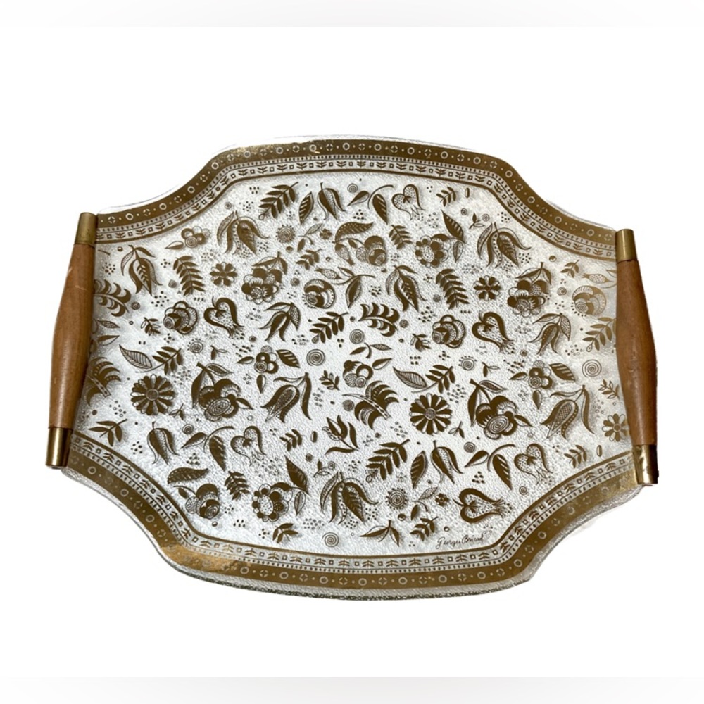 George Briard Platter / Tray with Gold Design and Wood Handles, Signed Glass